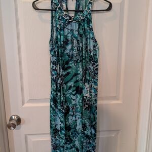 Donna Ricco Teal and Aqua Halter Maxi Dress with Chain Detail